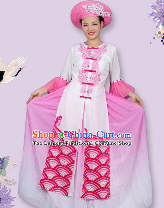 Traditional Chinese Jing Nationality Printing Waves Pink Dress Ethnic Ha Festival Folk Dance Stage Show Costume for Women