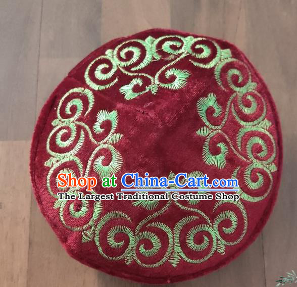 Chinese Traditional Kazak Minority Embroidered Purplish Red Velvet Hat Ethnic Xinjiang Stage Show Headwear for Men