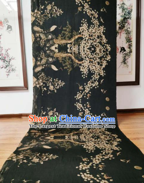 Asian Chinese Traditional Pine Crane Pattern Design Black Gambiered Guangdong Gauze Fabric Silk Material