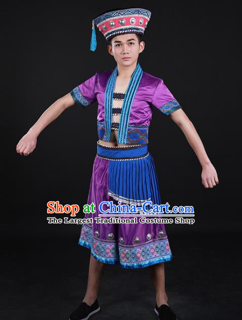 Chinese Traditional Yao Nationality Purple Outfits Ethnic Minority Folk Dance Stage Show Costume for Men