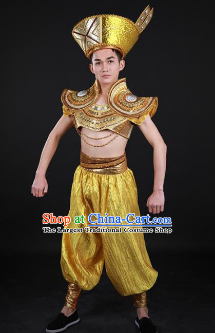 Chinese Traditional Yao Nationality Golden Outfits Ethnic Minority Folk Dance Stage Show Costume for Men