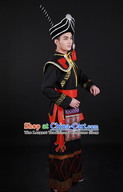 Chinese Traditional Yi Nationality Festival Black Outfits Ethnic Minority Folk Dance Stage Show Costume for Men