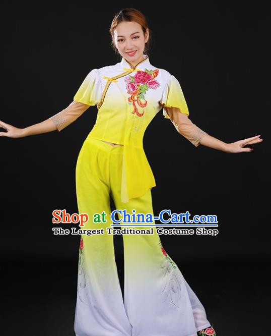 Chinese Spring Festival Gala Folk Dance Yellow Outfits Traditional Fan Dance Costume for Women