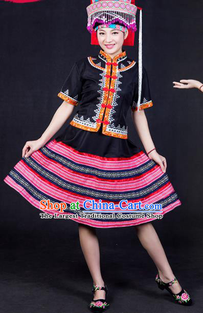 Chinese Traditional Lahu Nationality Stage Show Black Short Dress Ethnic Minority Folk Dance Costume for Women