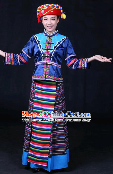 Chinese Traditional Menba Nationality Stage Show Navy Dress Ethnic Minority Folk Dance Costume for Women