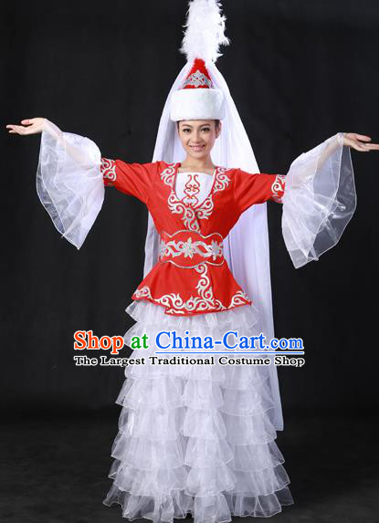 Chinese Traditional Kazak Nationality White Veil Dress Ethnic Minority Folk Dance Stage Show Costume for Women