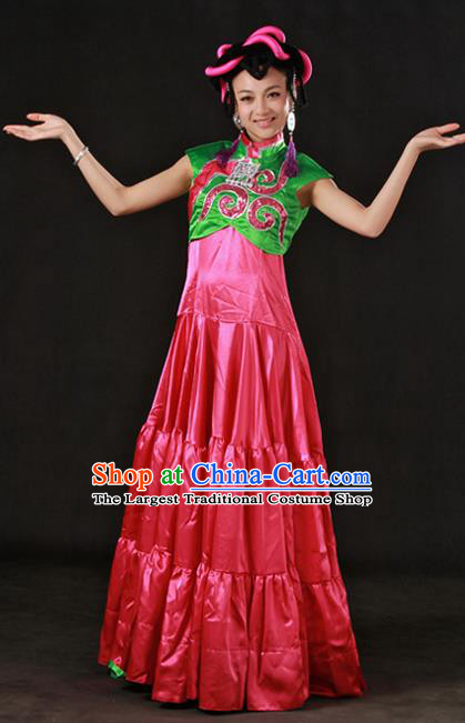 Chinese Traditional Yi Nationality Rosy Dress Ethnic Minority Folk Dance Stage Show Costume for Women