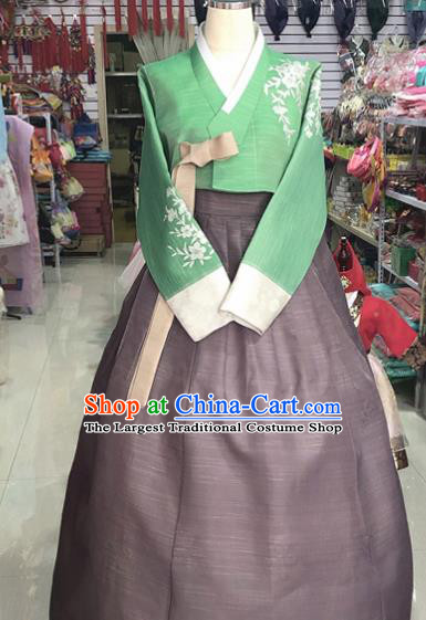 Korean Traditional Hanbok Green Blouse and Brown Dress Asian Korea Princess Fashion Costume for Women