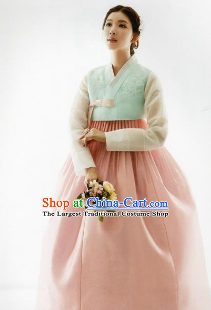 Korean Traditional Hanbok Bride Green Blouse and Light Pink Dress Outfits Asian Korea Fashion Costume for Women