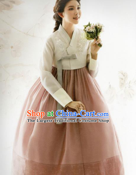 Korean Traditional Hanbok Bride Beige Blouse and Deep Pink Dress Outfits Asian Korea Fashion Costume for Women