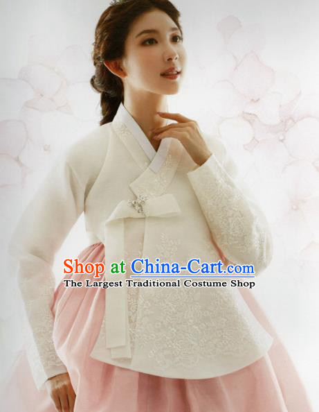 Korean Traditional Hanbok Bride White Blouse and Pink Dress Outfits Asian Korea Wedding Fashion Costume for Women