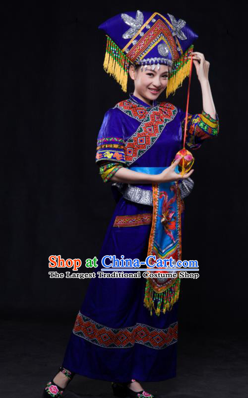 Chinese Traditional Guangxi Zhuang Nationality Royalblue Outfits Ethnic Minority Folk Dance Stage Show Costume for Women
