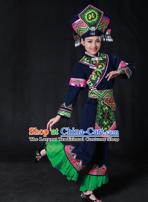 Chinese Traditional Guangxi Zhuang Nationality Navy Outfits Ethnic Minority Folk Dance Stage Show Costume for Women