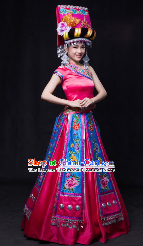 Chinese Traditional Yi Nationality Wedding Rosy Dress Ethnic Minority Folk Dance Stage Show Costume for Women