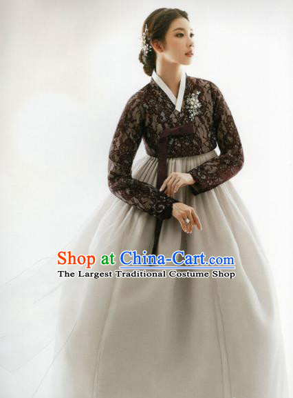 Korean Traditional Hanbok Princess Brown Lace Blouse and Grey Dress Outfits Asian Korea Fashion Costume for Women