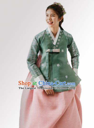 Korean Traditional Hanbok Wedding Bride Green Blouse and Pink Dress Outfits Asian Korea Fashion Costume for Women