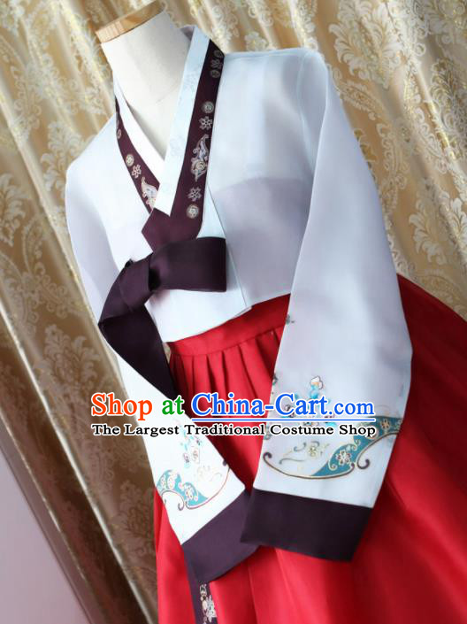 Korean Traditional Garment Hanbok White Blouse and Red Dress Outfits Asian Korea Fashion Costume for Women