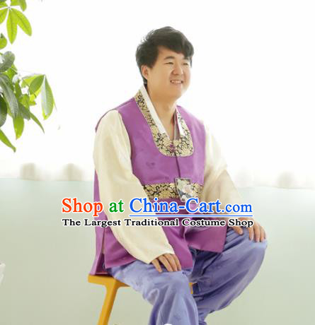 Korean Traditional Purple Silk Vest and Pants Hanbok Asian Korea Bridegroom Fashion Costume for Men