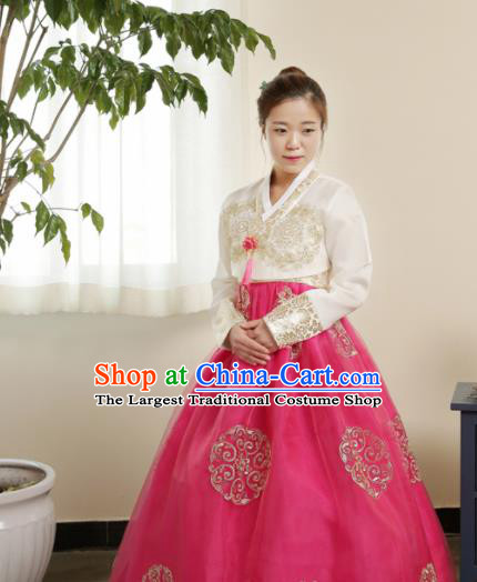 Korean Traditional Hanbok Garment White Blouse and Rosy Dress Asian Korea Fashion Costume for Women
