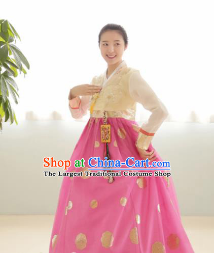 Korean Traditional Hanbok Garment Beige Blouse and Pink Dress Asian Korea Fashion Costume for Women