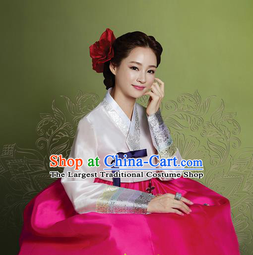 Korean Traditional Bride Mother Hanbok Garment White Satin Blouse and Rosy Dress Asian Korea Fashion Costume for Women