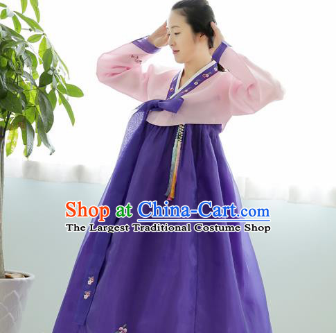 Korean Traditional Court Hanbok Garment Pink Blouse and Purple Dress Asian Korea Fashion Costume for Women