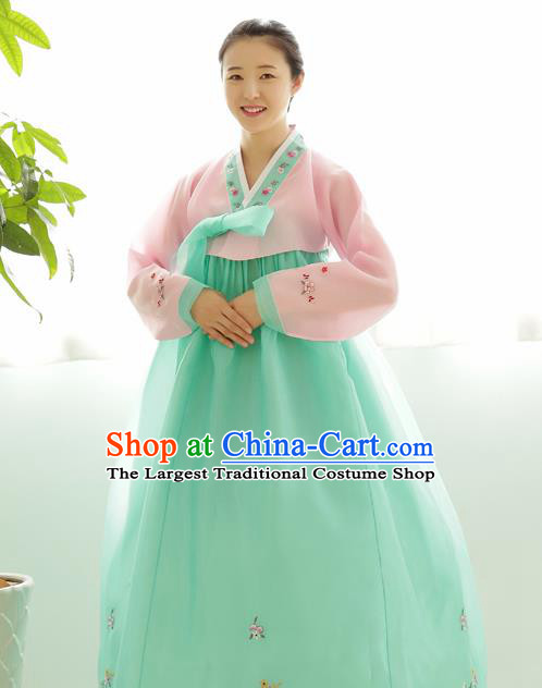 Korean Traditional Court Hanbok Garment Pink Blouse and Light Green Dress Asian Korea Fashion Costume for Women