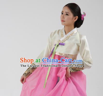 Korean Traditional Bride Hanbok White Blouse and Pink Dress Garment Asian Korea Fashion Costume for Women