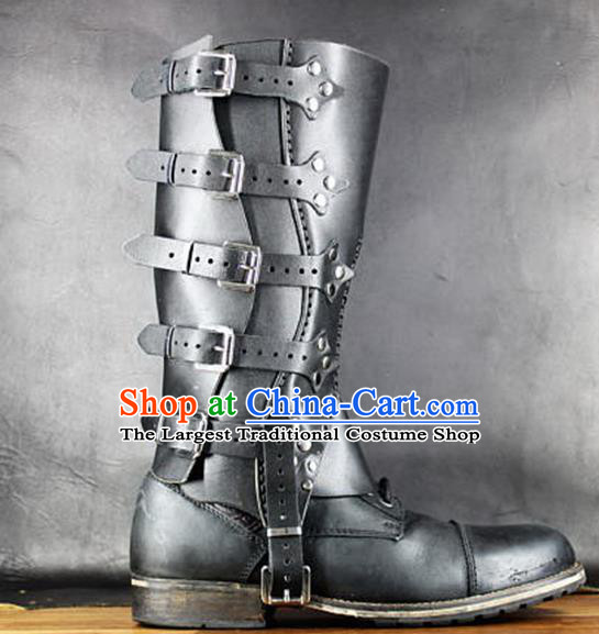 Western Middle Ages Black Leather Boots European Traditional Knight Shoes for Men