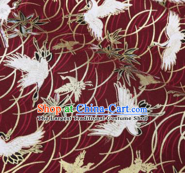Asian Japanese Classical Crane Pattern Design Wine Red Silk Fabric Traditional Kimono Brocade Material