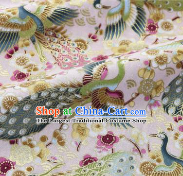 Asian Japanese Classical Peacock Pattern Design Pink Silk Fabric Traditional Kimono Brocade Material