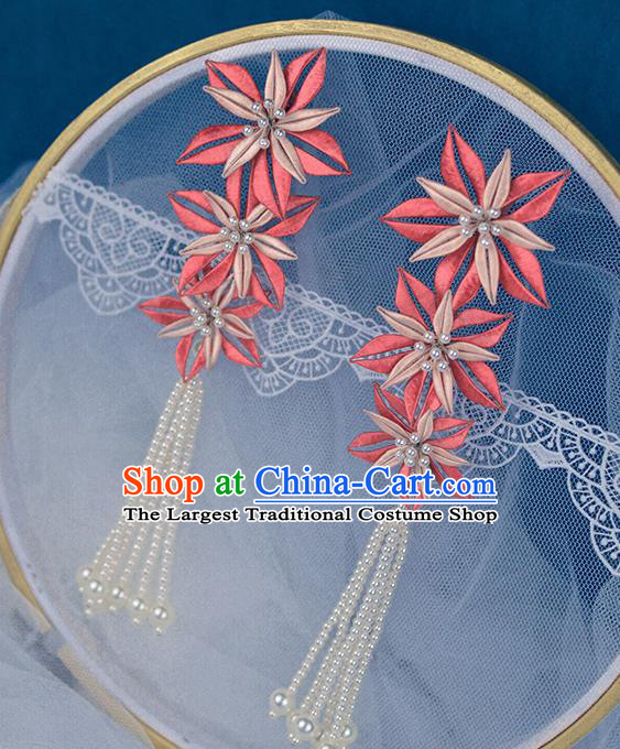 Chinese Traditional Pink Flower Tassel Hairpin Handmade Hanfu Hair Accessories for Women