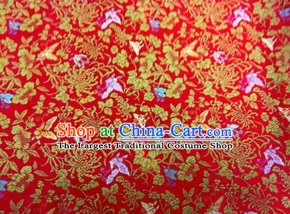 Asian Chinese Classical Butterfly Chrysanthemum Pattern Design Red Silk Fabric Traditional Nanjing Brocade Material