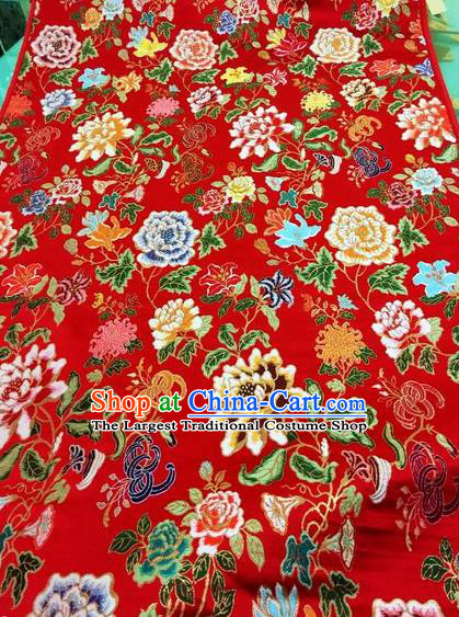 Asian Chinese Classical Peony Chrysanthemum Pattern Design Red Silk Fabric Traditional Nanjing Brocade Material