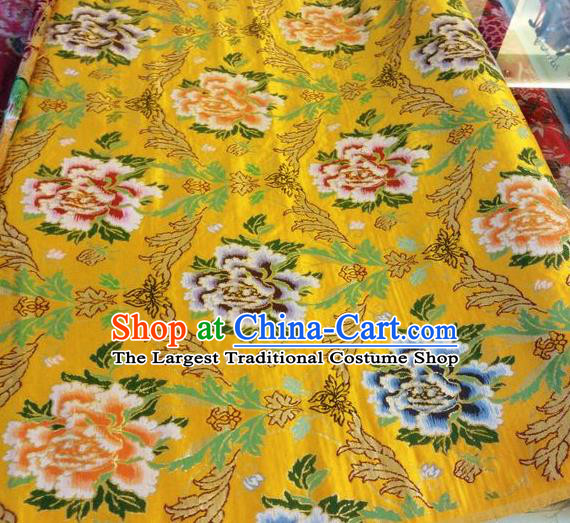 Asian Chinese Classical Peony Pattern Design Bright Yellow Silk Fabric Traditional Nanjing Brocade Material