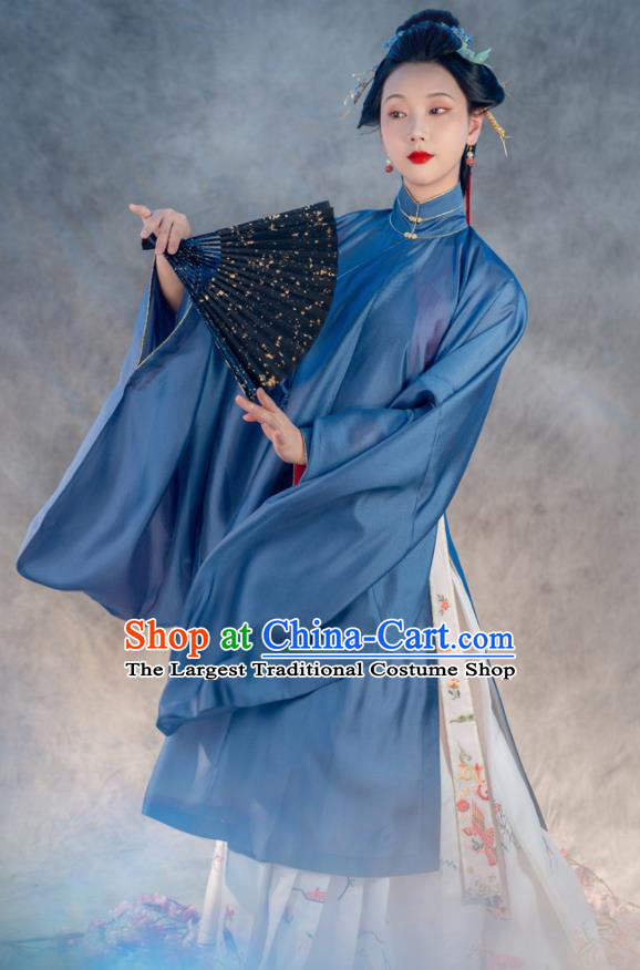 Traditional Chinese Ancient Princess Blue Embroidered Dress Ming Dynasty Taoist Nun Costumes for Women
