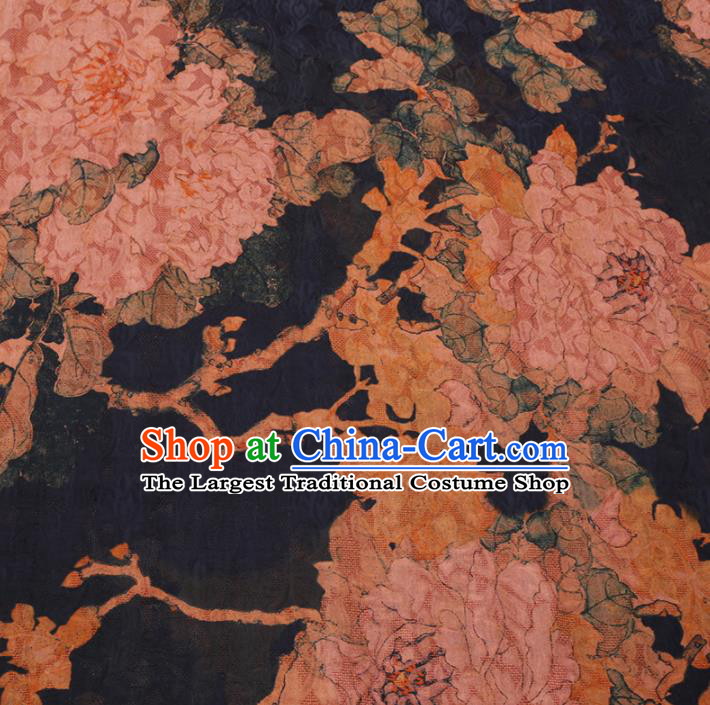 Asian Chinese Classical Peony Pattern Design Navy Watered Gauze Fabric Traditional Silk Material