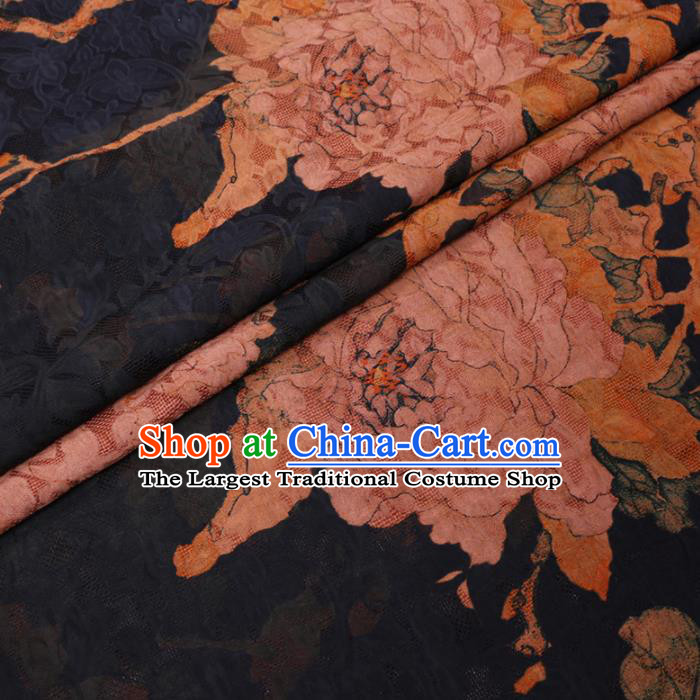 Asian Chinese Classical Peony Pattern Design Navy Watered Gauze Fabric Traditional Silk Material
