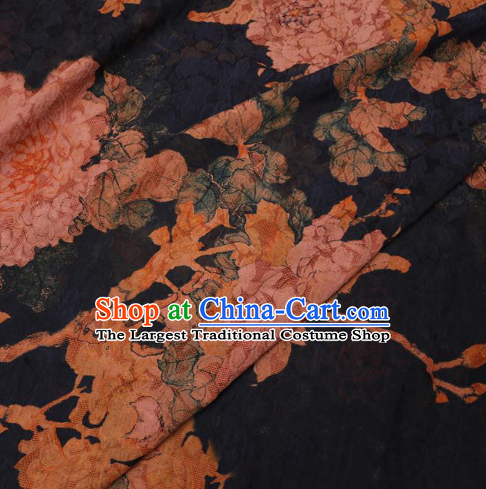 Asian Chinese Classical Peony Pattern Design Navy Watered Gauze Fabric Traditional Silk Material