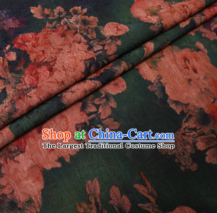 Asian Chinese Classical Peony Pattern Design Deep Green Watered Gauze Fabric Traditional Silk Material