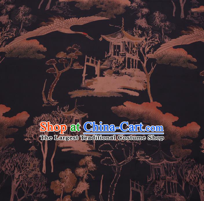 Chinese Cheongsam Classical Crane Pavilion Pattern Design Black Watered Gauze Fabric Asian Traditional Silk Material