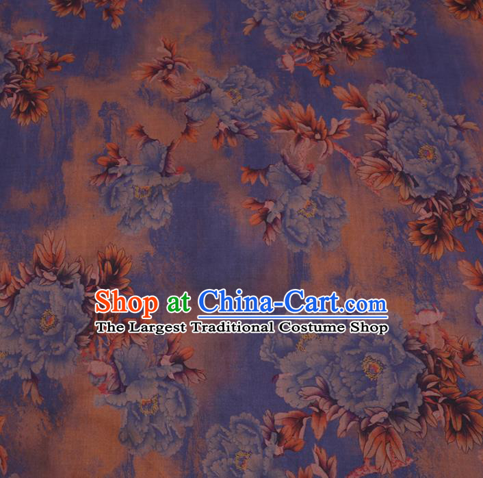 Chinese Cheongsam Classical Blue Peony Pattern Design Ginger Watered Gauze Fabric Asian Traditional Silk Material