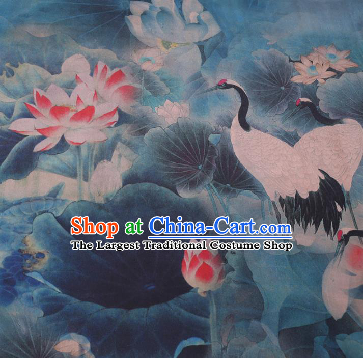 Chinese Cheongsam Classical Cranes Lotus Pattern Design Blue Watered Gauze Fabric Asian Traditional Silk Material
