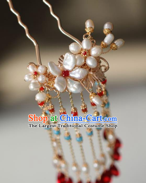 Chinese Handmade Ming Dynasty Princess Shell Pearls Tassel Hairpins Ancient Hanfu Hair Accessories for Women