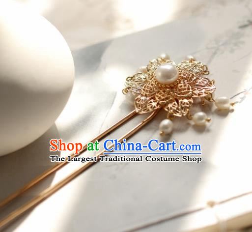 Chinese Handmade Ming Dynasty Queen Pearls Golden Hairpins Ancient Hanfu Hair Accessories for Women