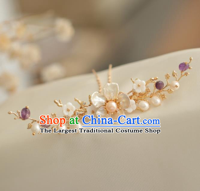Chinese Handmade Ming Dynasty Princess Shell Flower Pearls Hairpins Ancient Hanfu Hair Accessories for Women