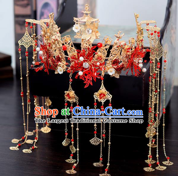 Chinese Traditional Wedding Red Leaf Hair Crown Handmade Bride Hair Accessories for Women