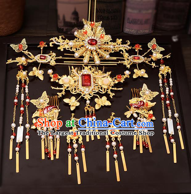 Chinese Traditional Wedding Queen Golden Hair Combs Tassel Hairpins Handmade Bride Hair Accessories for Women