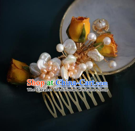 Chinese Handmade Ming Dynasty Princess Orange Flowers Hair Comb Hairpins Ancient Hanfu Hair Accessories for Women