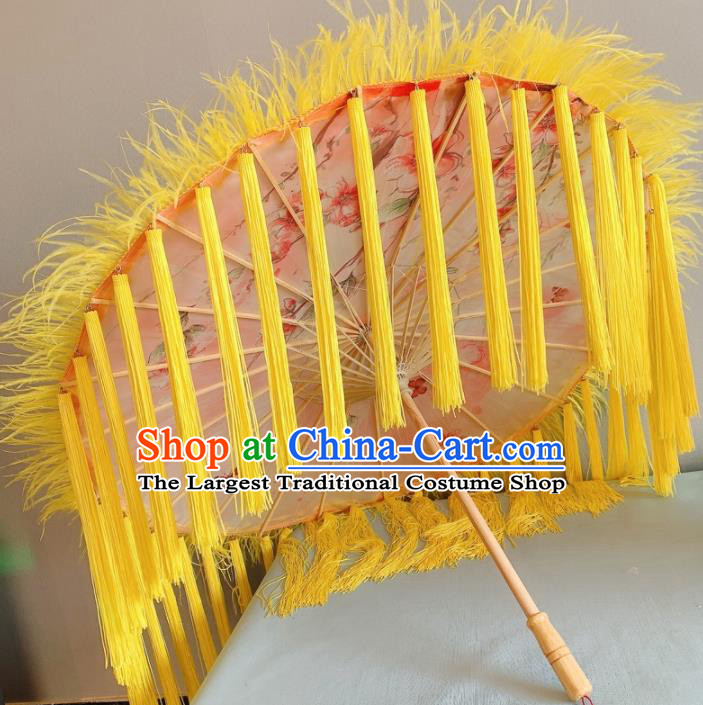 Chinese Traditional Yellow Tassel Umbrella Handmade Ancient Princess Feather Umbrella for Women